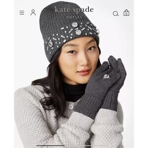 KATE SPADE Beanie and Glove GEM BOX SET Charcoal GREY New in Box
